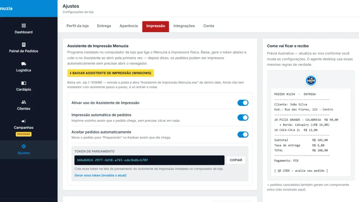 Tela de configuração da impressão automática de pedidos no painel do Menuzia