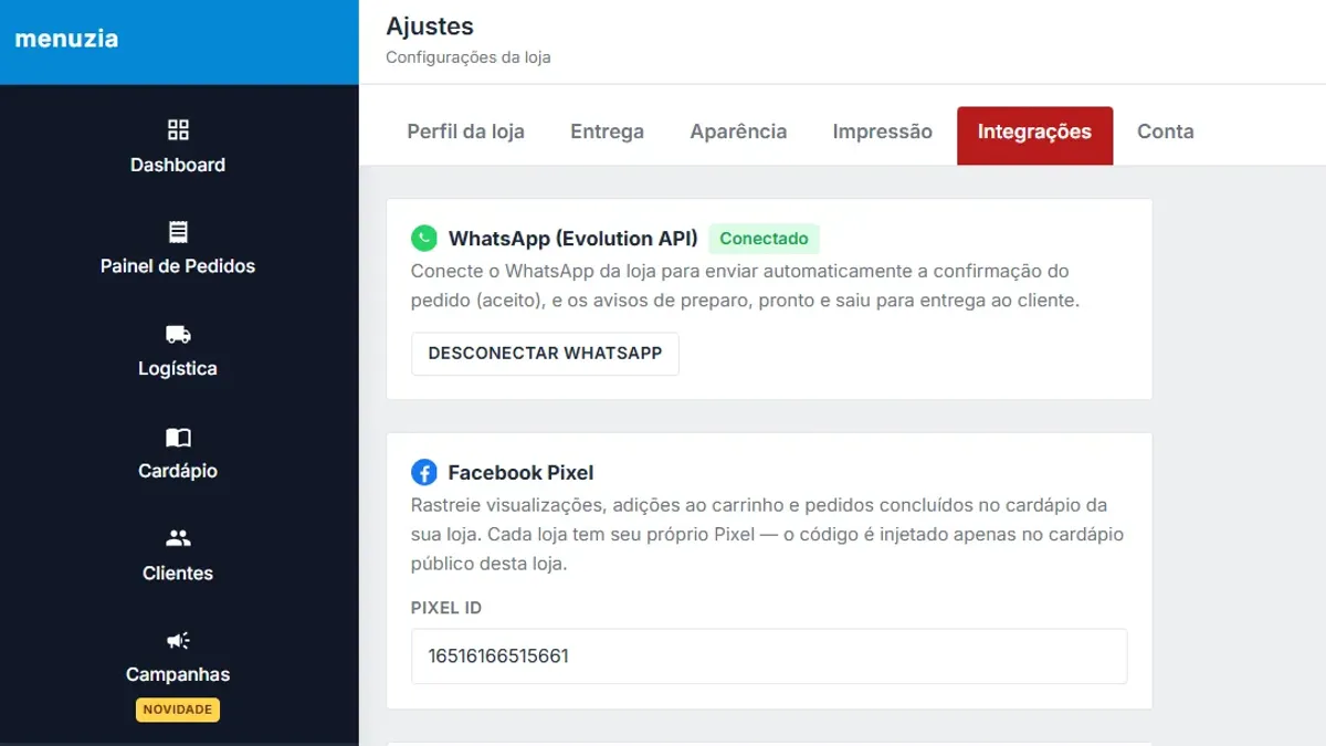 Tela de integração do WhatsApp com o cardápio digital para avisos automáticos do pedido
