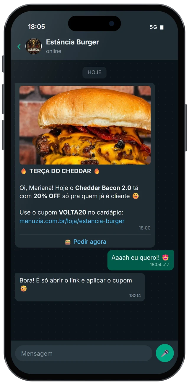 Cliente recebendo campanha com cupom no WhatsApp