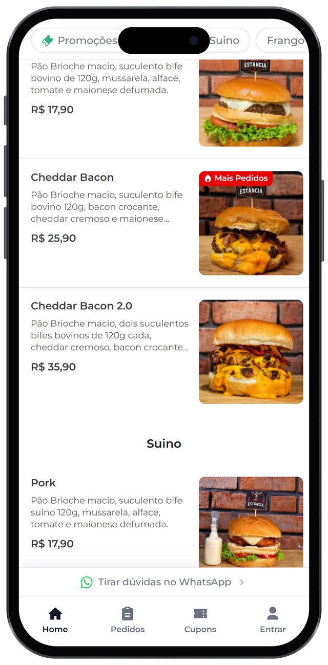 Cardápio digital no celular com lista de hambúrgueres, fotos e preços