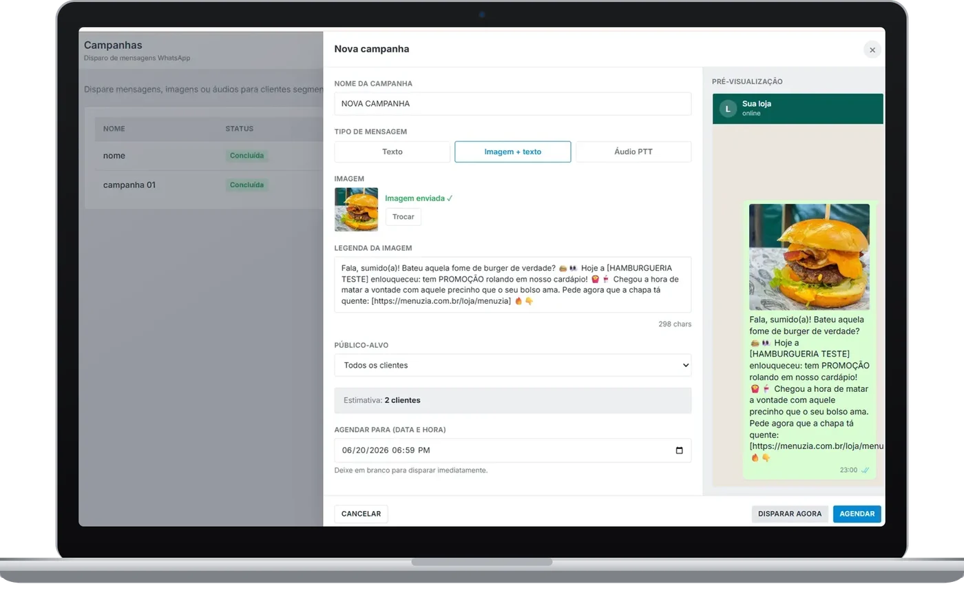 Tela de nova campanha de WhatsApp no Menuzia com imagem, texto, público-alvo e agendamento