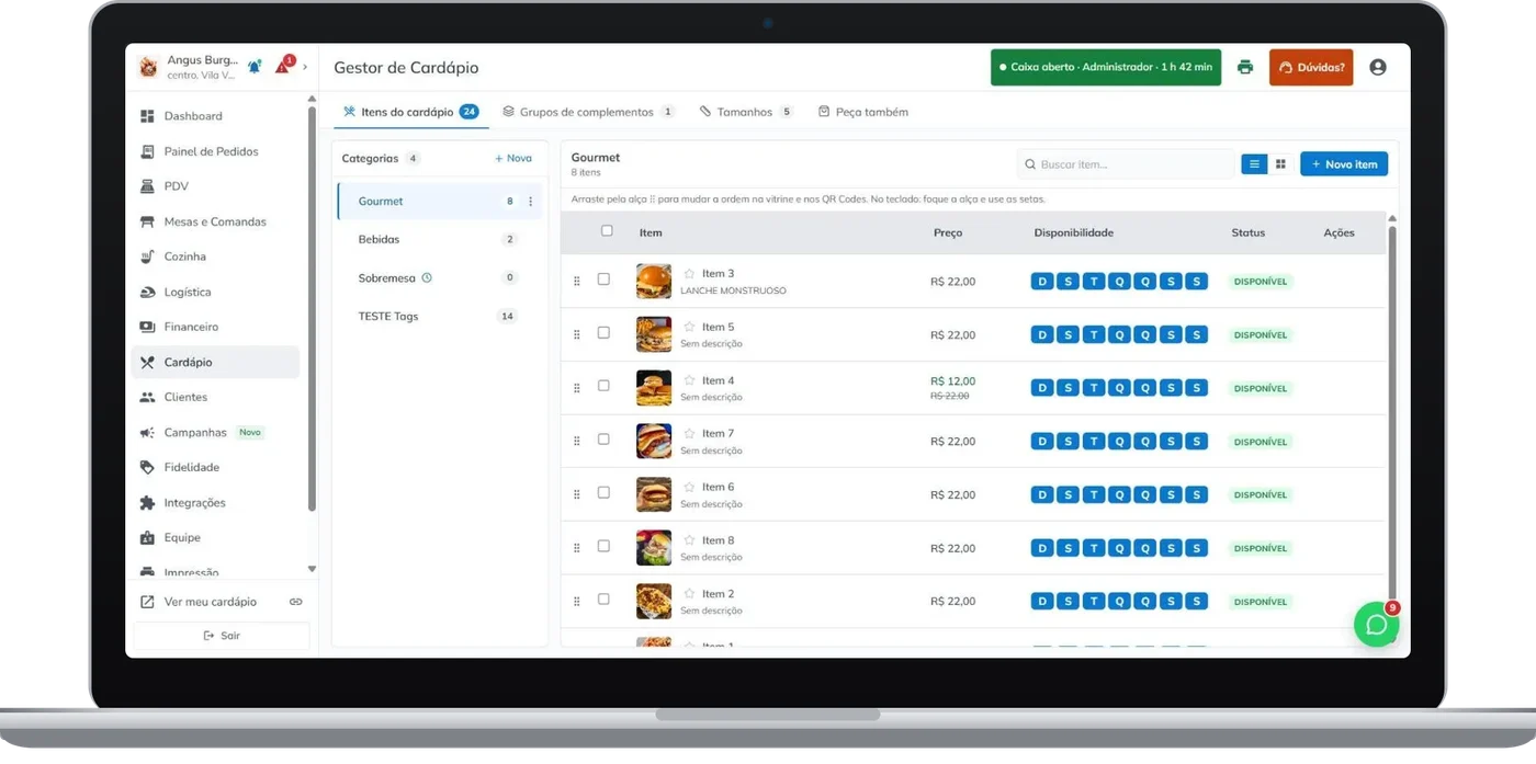Gestor de cardápio digital Menuzia com categorias, preços, promoções e disponibilidade por dia da semana
