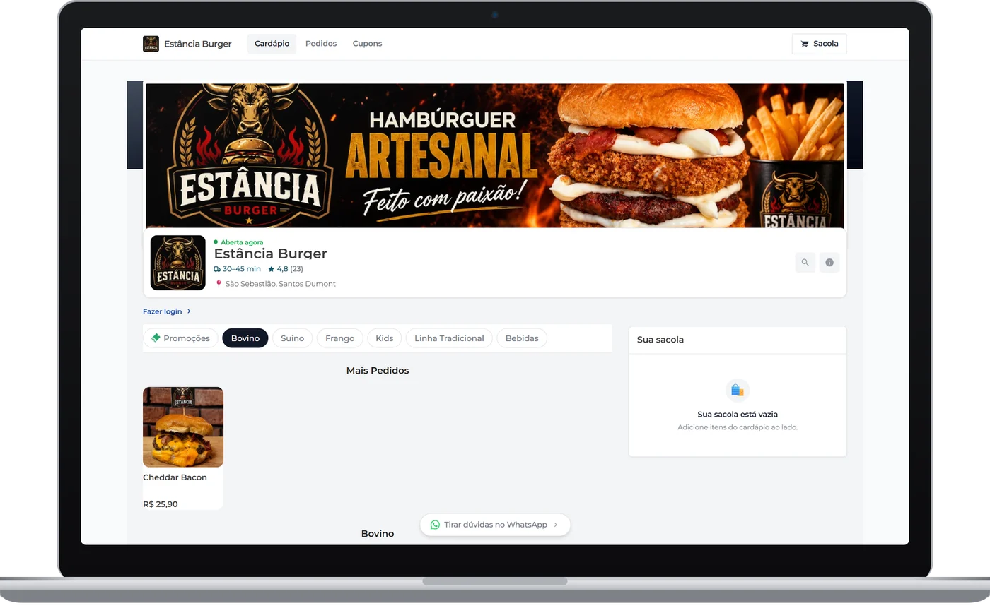 Cardápio digital Menuzia aberto no computador — vitrine da Estância Burger