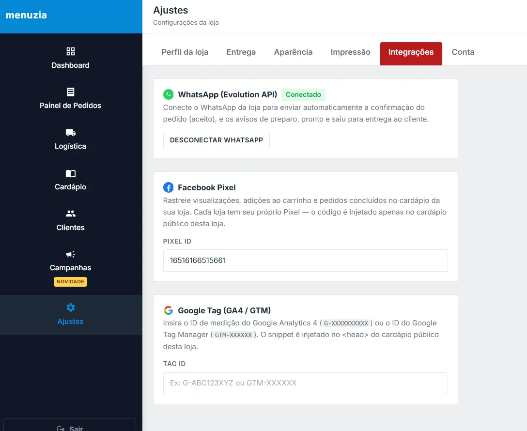Rastreamento de Vendas Menuzia